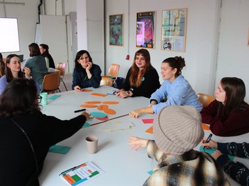 Eine Gruppe sitzt in einem Seminarraum um einen Tisch, auf dem Tisch liegen bunte Moderationskärtchen teils mit Beschriftung.