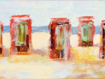 Das Bild zeigt ein Gemälde von der Berliner Künstlerin Ulrike Hansen. Zu sehen ist ein Strandabschnitt, auf dem 5 Strandkörbe stehen.