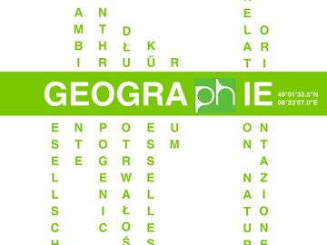 Das Bild zeigt das Logo des Faches Geographie an der Pädagogischen Hochschule Karlsruhe. Der Schriftzug, bei dem für jeden Buchstaben des Wortes Geographie ein passendes Wort im Sinne eines Wortsalates ergänzt wurde, vermittelt die fachliche Schwerpunktsetzung in Karlsruhe: Humangeographie, Sprachenbewusstsein, Mensch-Umwelt-Fragen.