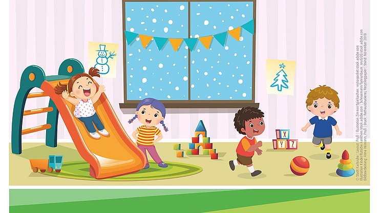 Plakat Winterspielzimmer Plakat zum Winterspielzimmer des Projekts "Kita Einstieg". Es zeigt gezeichnete spielende Kinder in einem Innenraum.