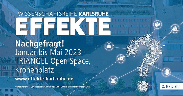 Banner EFFEKTE Reihe 2022/23 - 2. Halbjahr Unter dem Logo EFFEKTE und den Daten zu Datum und Ort ist ein in blau gehaltenes Luftbild des Kronenplatzes mit dem TRIANGLE Open Space zu sehen. REchts ist ein funkelndes Fragezeichen und mehrere kleine Wissenschaftssymbole