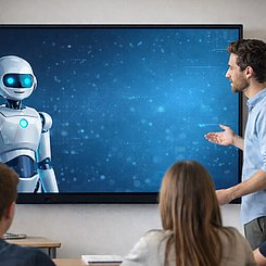 In einem Klassenzimmer sind Schüer von hinten zu sehen. Sie schauen auf den Lehrer vor einem großen Bildschirm, der sich mit einem Roboter im bildschirm unterhält.