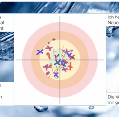 Im Hintergrund ist in Blau spritzendes Wasser zu sehen, in der ist eine runde Zielscheibe, in der die Teilnehmerinnen anhand von Kreuzen den Workshopevaluieren konnten (fast alle sind in der Mitte für 2sehr gut gefallen"). Es sind auch verschriftlichte Kommentare uz sehen..  Workshop
