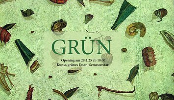 Werbebild für die Semestereröffnungsveranstaltung „GRÜN“ am 28. April 2025 um 18:00 Uhr. Im Hintergrund ein antikes Mosaik mit verstreuten pflanzlichen und tierischen Motiven, überlagert von einem transparenten Feld mit Text zur Veranstaltung.