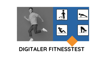 Links ein Junger Man in Laufpose, rechts vier quadratische Symbolbilder für Fitnessübungen auf blauem Hintergrund. Dei Unterschrift ist "Digitaler Fitnesstest" Fitn