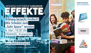 Neben dem Logo und Symbilbild der EFFEKTE-Reihe 2024-25 ist das Bild eines einer Gruppe Studierender zu sehen. die Person in der Mitte liest.
