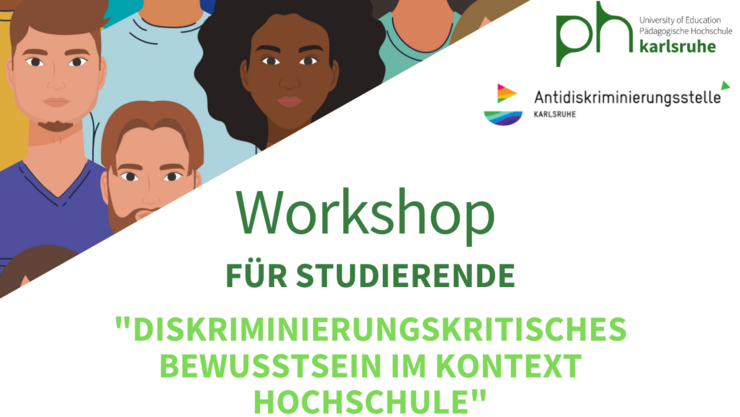 Der Flyer enthält in grüner Schrift die Daten zur Veranstaltung, ober und unten ist es gerahmt von einer Zeichnung mit einer Gruppe diverser Menschen