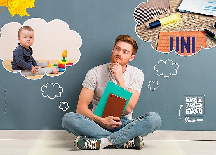 Bild zum 3. Kind&Campus-Treff DAs Bild zeigt einne jungen Mann im Schneidersitz, der - gezeigt anhand zwei "Denkblasen" - ob er sich um sein Kind kümmern oder lieber für sein Studium lernen soll