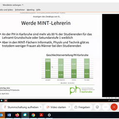 Screenshot mit in grün gehaltener Graphik zur Geschlechterverteilung in den MINT-Fächern an der PHKA. Rechts ist in einer kleinne Kachel die Gleichstellungbeauftragte Britta Nann zu sehen.