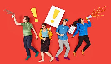 4 Personen auf rotem Hintergrun, die mit einem Megafon, Plakaten mit Ausrufezeichen und einer Spraydose Aufmerksamkeit erzeugen