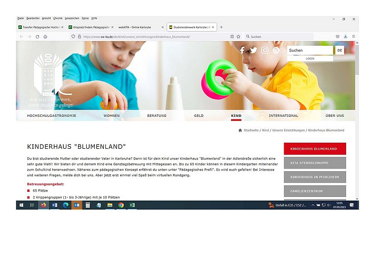 Screenshot Kinderhaus Blumenland Screenshot der Landeing Page des Kinderhauses Blumenland des Studierndenwerk. Oben ist das Bild zwei spielender Kinder, unten Informationstext zur Kita in schwarz, Rot und grau.