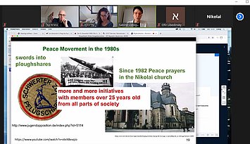 Online-Kooperationsseminar: Präsentation von Prof. Dr. Sabine Liebig (3.v.l.), Gastgeber war Dr. Nimrod Tal aus Tel Aviv (1.v.l.). Screenshot: PHKA