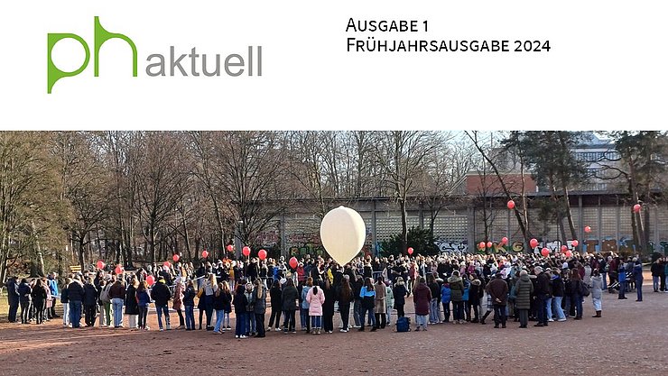 Cover von PH AKTUELL mit Angabe Frühjahrsausgabe, Logo und einem Bild vom Start des Stratosphärenballon