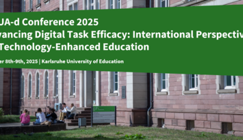 Das Bild enthält im Hintergrund ein Foto der Pädagogischen Hochschule Karlsruhe, im Vordergrund, auf dunkelgrünem Untergrund steht in weißer Schrift "AQUA d Conference 2025 Advancing Digital Task E fficacy : International Perspectives on Technology Enhanced Education October 8th 9th, 2025 | Karlsruhe University of Education"