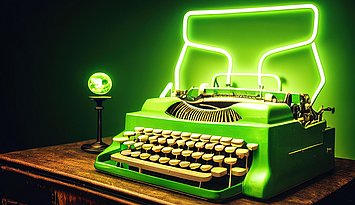 Eine grüne Schreibmaschine auf einem klassischen Schreibtisch. Hinter ihr ist mit grünen Leuchstangen eine Art Geist symbolisch dargestellt.