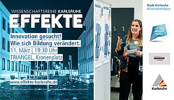 Neben dem Logo und Symbilbild der EFFEKTE-Reihe 2024-25 ist das Bild einer Frau bei einer wissenchaftlichen Präsentaiton, ganz rechts die Logos der Veranstalter