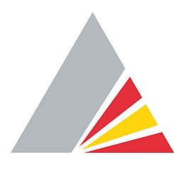 Das pyramidenförmige Logo der Stadt Karlruhe. Rechts ist ein Dreieck im Dreick in den Farben rot-gelb-rot. Daneben steht "Stadt Kalrsruhe - Büro für Integration"