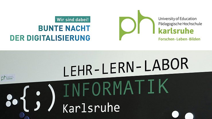 Plakat PHKA Bunte Nacht der Digitalisierung 2022 Oben sind ist rechts das PHKA Logo, links eines der Bunten Nahct der digitalisierung mit dem Motto "Wir sind dabei!" - darunter das Bild einer schwarzen Pinnwand im Lehr-Lern-Labor Informatik mit verschiedenen Symbolmagneten, und der Satz "Informatik ist die Wissenschaft hinter der Digitalisierung"