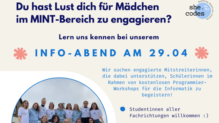 Plakat mit den Daten, ein rundes Bild mit einer Gruppe junger Frauen mit she.codes-T-Shirts