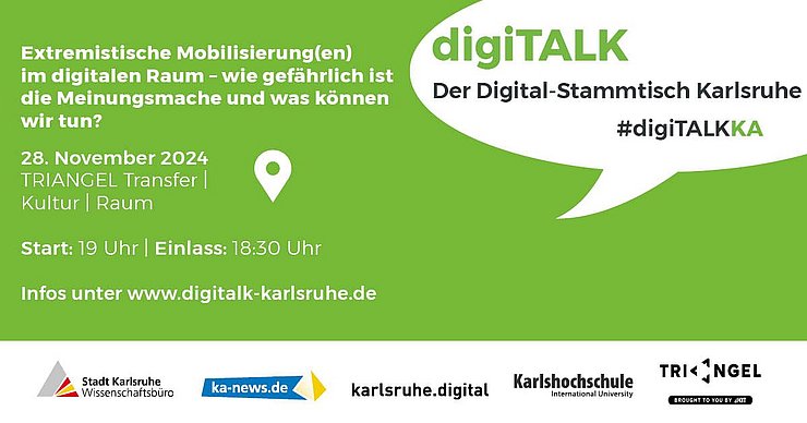  Grünes Bild mit Sprechblase an der Seite. Im grünen Bereich sind die Informationen zum Talk am 28. November, in der Sprechblase der Titel digiTALK. Am Fuß auf Weiß die Logos der Beteiligten.