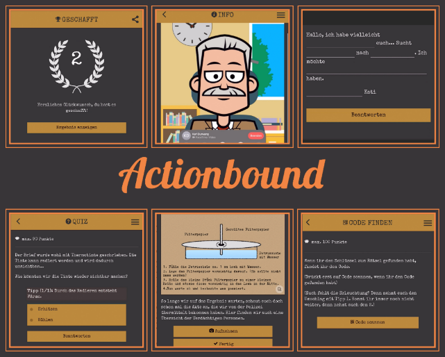 Bild zeigt Screenshots vom Quiz, der Siegerurkunde und digitalen Versuchen.