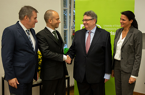 Das neue Rektorat mit Prof. Dr. Christian Gleser, Dr. Nils Fabian Gertler, Prof. Dr. Klaus Peter Rippe und Prof. Dr. Annette Worth (v.l.). Foto: Pädagogische Hochschule Karlsruhe