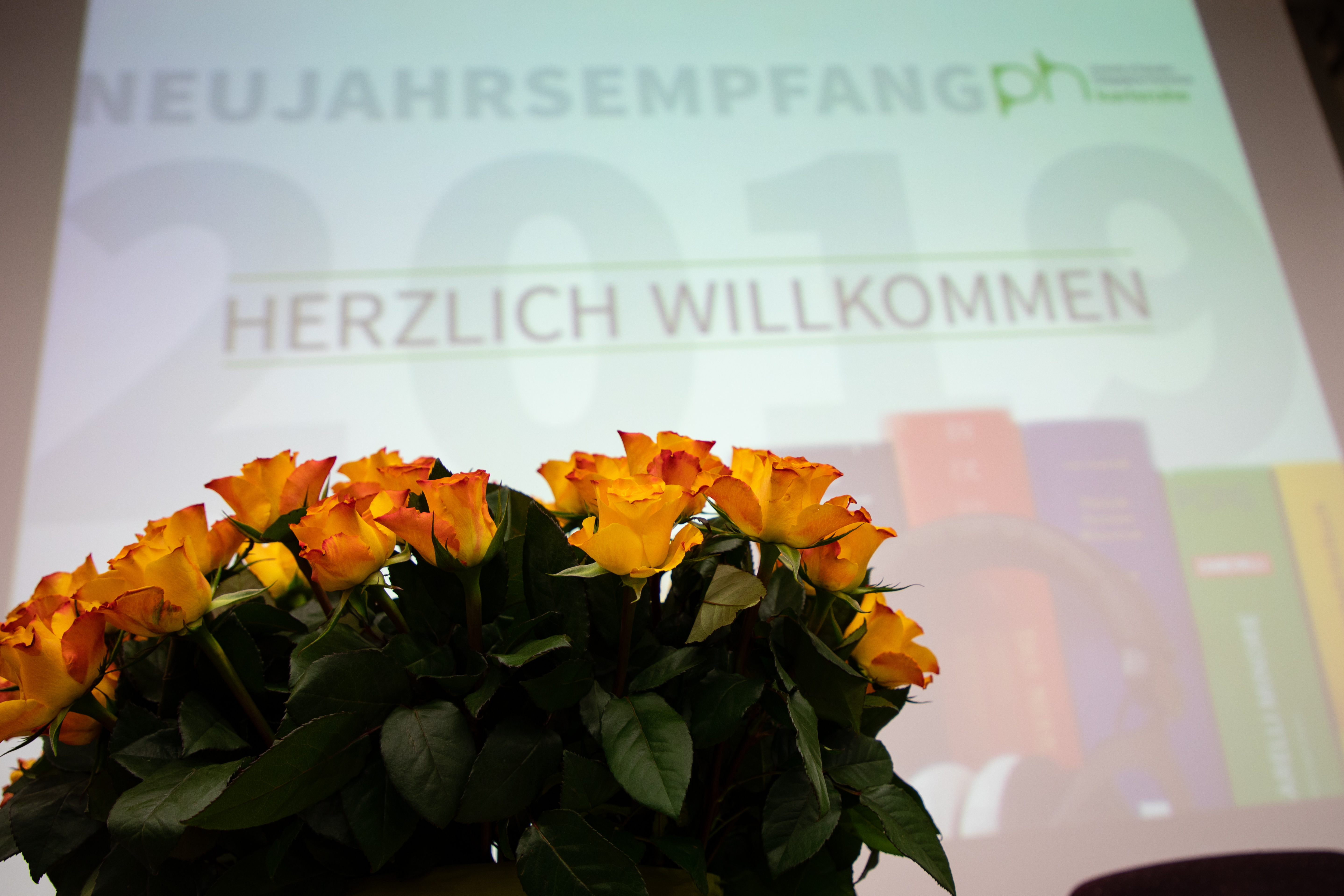 Rosen vor Leinwand mit Startseite Präsentation beim Neujahrsempfang 2019